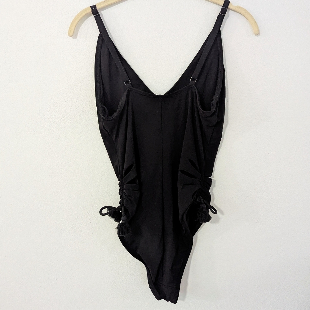 Robin Piccone Ava Petal Cutout One-Piece Swimsuit Side Tie Tassel Black 12